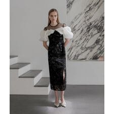 ジャガードボリュームスリーブスパンコールIラインワンピースドレス