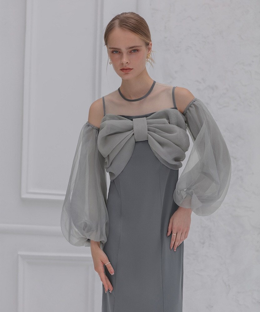 LEJA-2WAYオフショルダーパフスリーブスリットIラインロングドレス