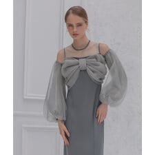 フロントリボンチュールIラインワンピースドレス