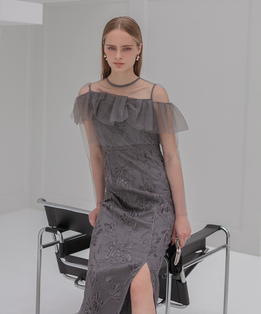 2WAYアシンメトリーフリルチュールフラワーIラインワンピースドレス結婚式二次会 当日発送】2WAYアシンメトリーフリルチュールフラワーIライン