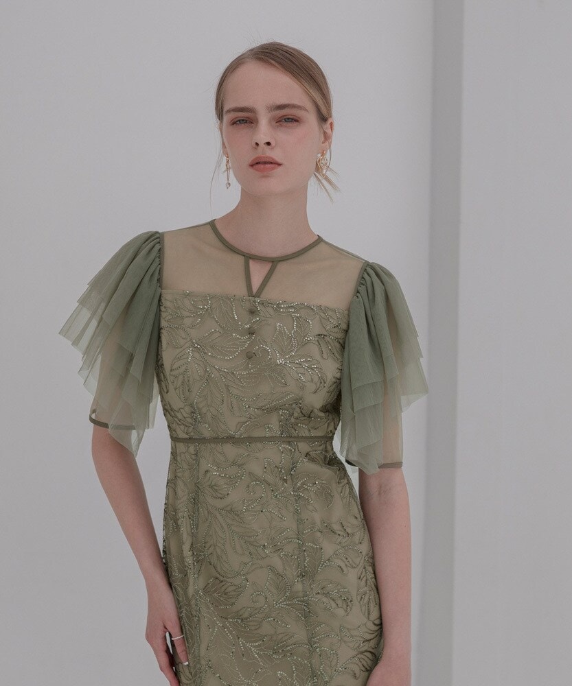 【あかり】leja ワンピースドレス GREEN LEJA Dress Styling】 ☑ チュールスリーブボタニカルマーメイド