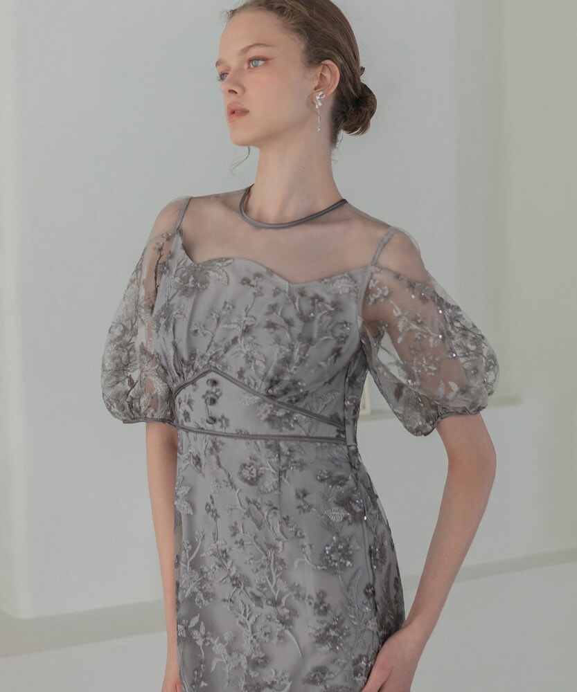 2WAYアシンメトリーフリルチュールフラワーIラインワンピース