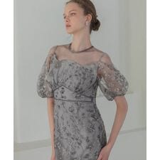 フラワーディテールパフスリーブIラインワンピースドレス