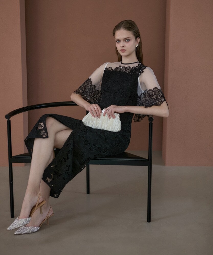 LEJA シアープリーツスリーブIラインワンピースドレス レジャ Leja 異素材シアー刺繍レース透け感プリーツスリーブI