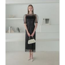 チュールフラワースパンコールIラインワンピースドレス