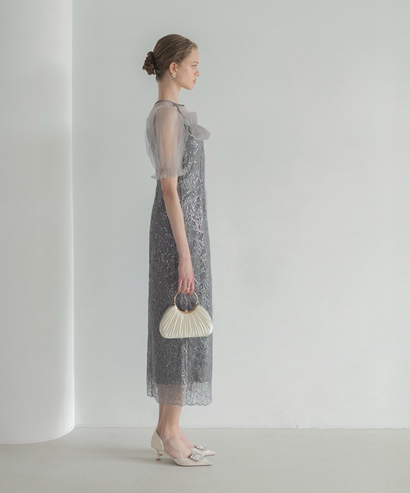 オープンショルダーチュールストーンIラインワンピースドレス結婚式