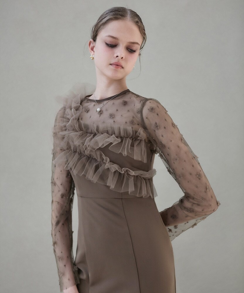 スパンコールチュールオープンマーメイドワンピースドレス | レジャ