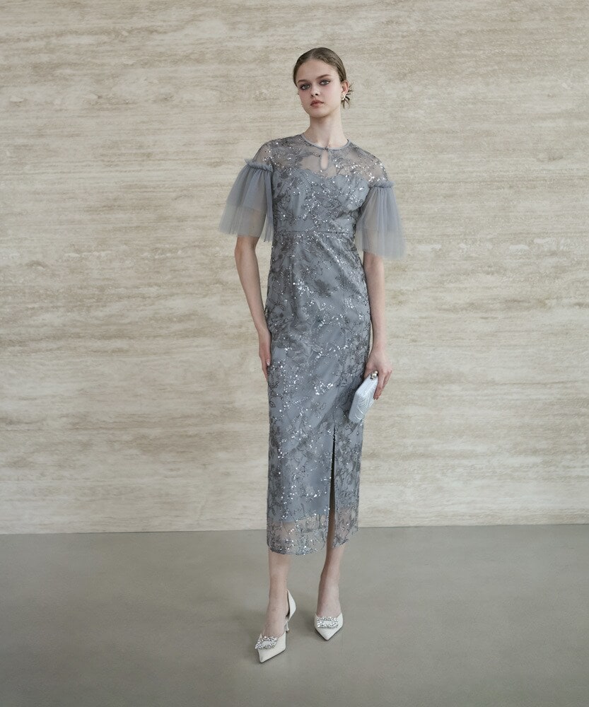 チュールオフショルダー花柄Iラインドレス | レジャ(Leja