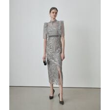 フラワースパンコールシアーフリルIラインワンピースドレス