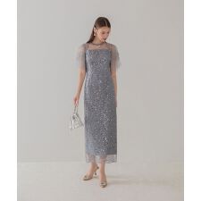 スパンコールパールミックスボレロIラインワンピースドレス