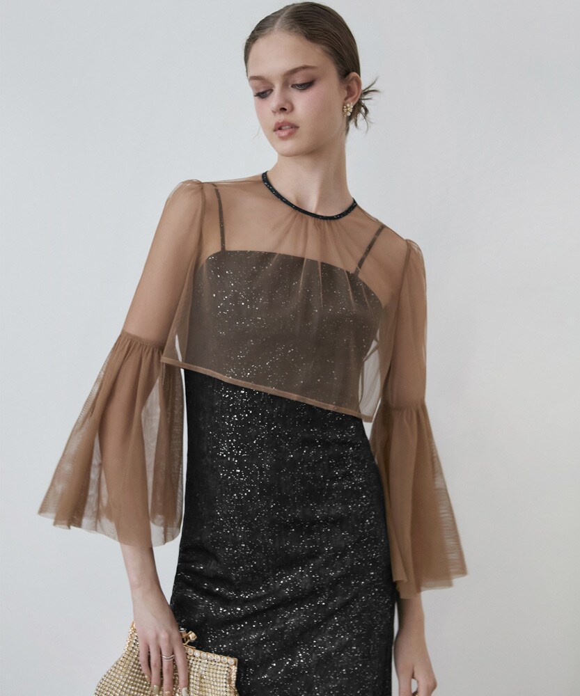 フリルチュールスリーブリボンIラインワンピースドレス | レジャ(Leja