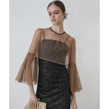 シアーチュールベルスリーブペイントIラインワンピースドレス