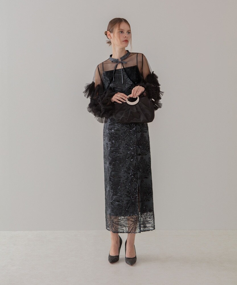 2WAYアシンメトリーフリルチュールフラワーIラインワンピース