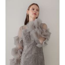 フリルチュールスリーブリボンIラインワンピースドレス