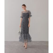 アシンメトリーチュールスリーブレースフリルヘムIラインワンピースドレス