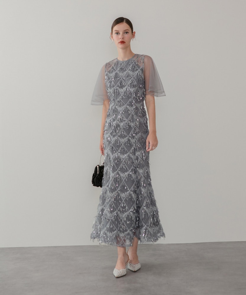 LEJA】ラメ混ツイードパール釦スパンコール刺繍ドレス | レジャ