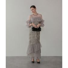 フラワースパンコールチュールフリルスリーブIラインワンピースドレス