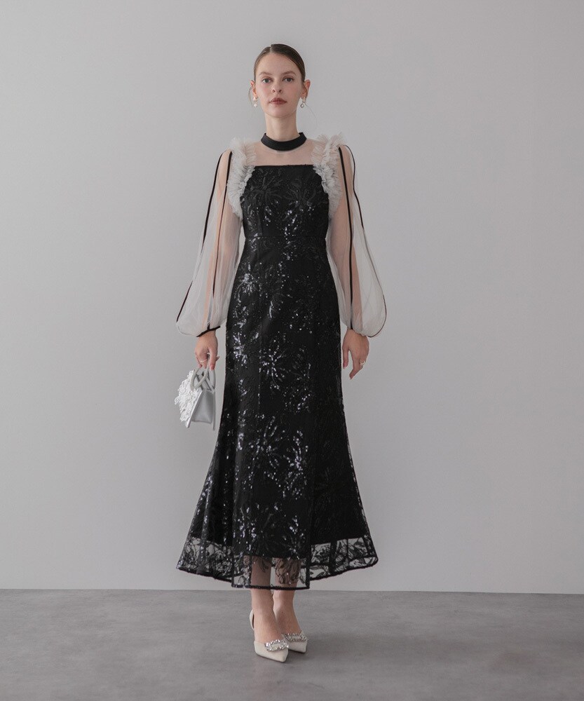 フラワースパンコールチュールフリルロングスリーブマーメイド