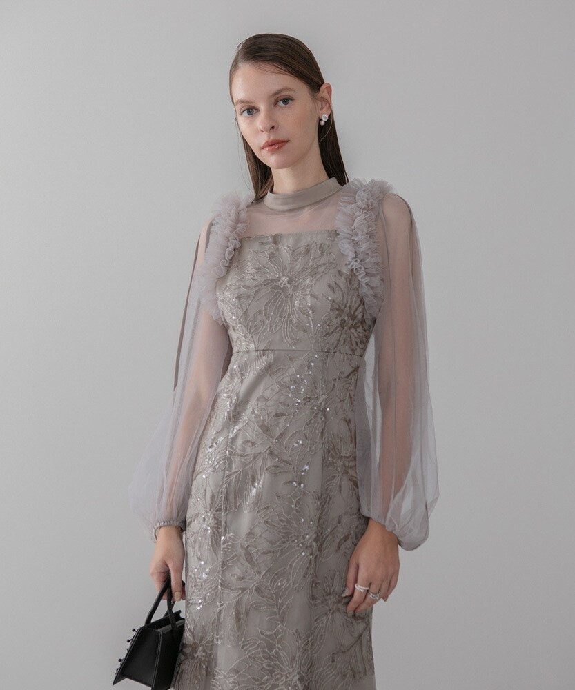 パールパフスリーブレーススパンコール刺繍マーメイドドレス | レジャ