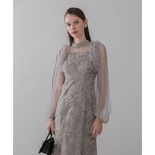 フラワースパンコールチュールフリルロングスリーブマーメイドワンピースドレス