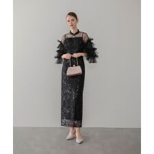 パールフリルチュールボレロレイヤードIラインワンピースドレス