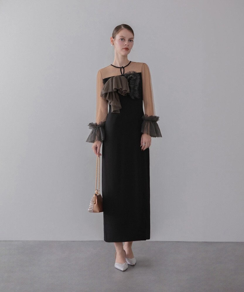 フラワーレースドットストーンチュールIラインワンピースドレス