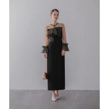 チュールフリルスリーブIラインワンピースドレス