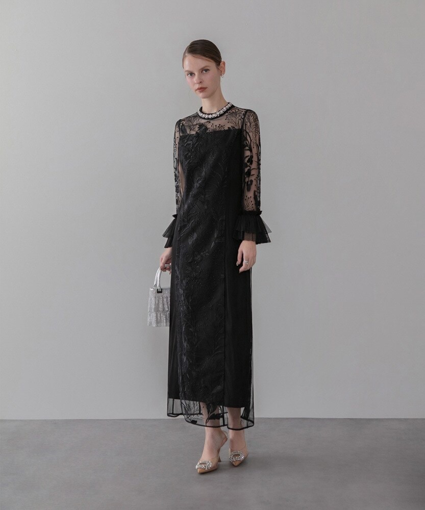 チュールスリーブボタニカルマーメイドワンピースドレス | レジャ(Leja