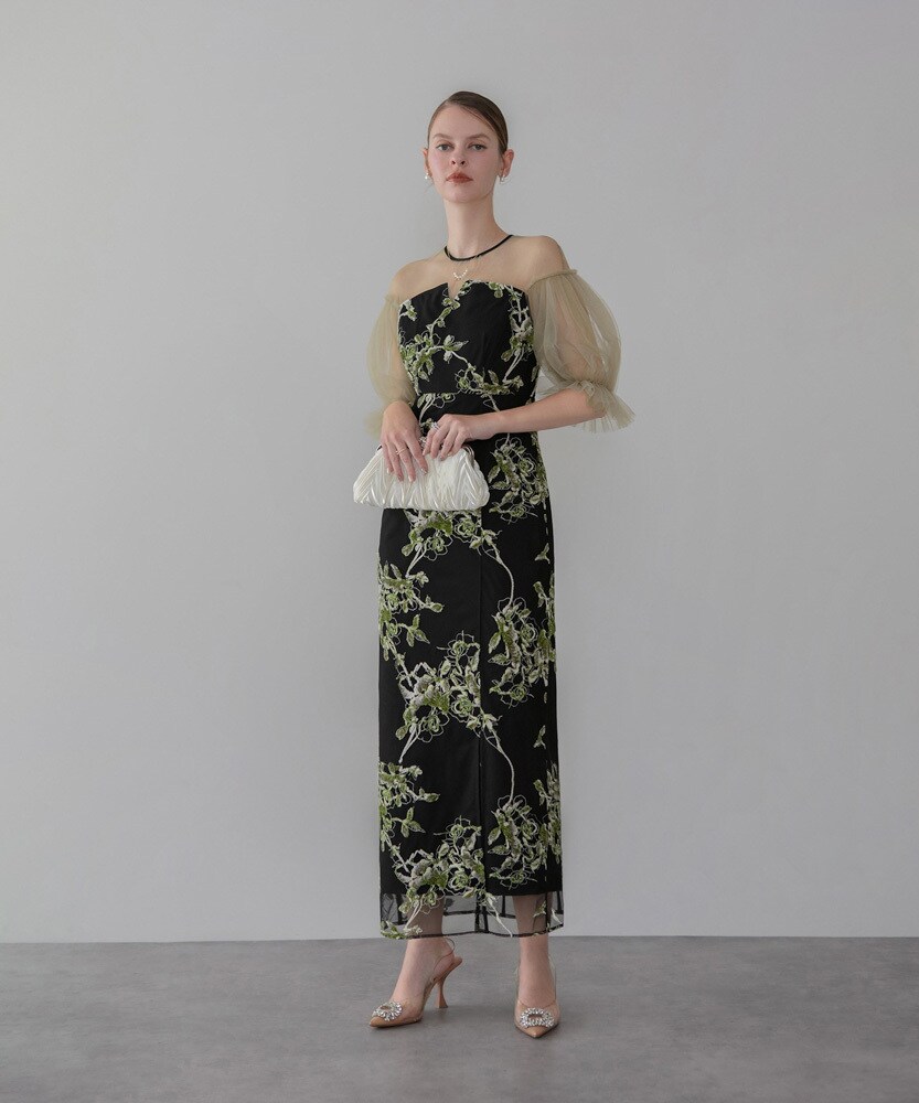 【LEJA】シアープリーツスリーブIラインワンピースドレス 当日発送】シアープリーツスリーブIラインワンピース結婚式ドレス