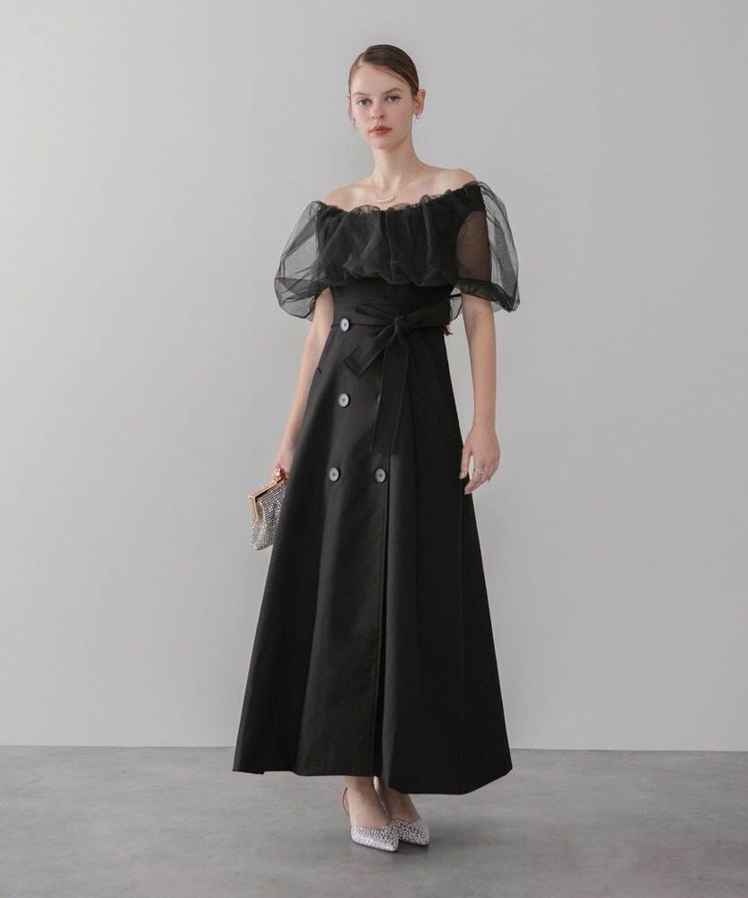 LEJA パールビジューオーガンジーレースパフスリーブマーメイド　ブラック　M レジャ Leja パールビジューオーガンジーレースパフスリーブプチ