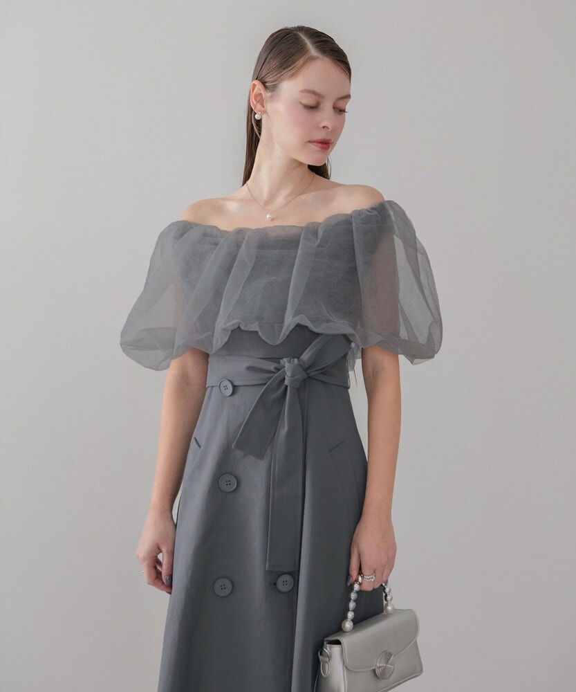 LEJA-パールビジューオーガンジーレースパフスリーブプチハイネック