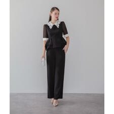 レースカラーペプラムブラウスパンツセットアップドレス