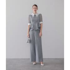 レースカラーペプラムブラウスパンツセットアップドレス