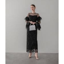 フリルチュールスリーブレースIラインワンピースドレス