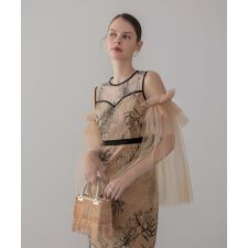 フラワーチュールフリルスリーブIラインワンピースドレス