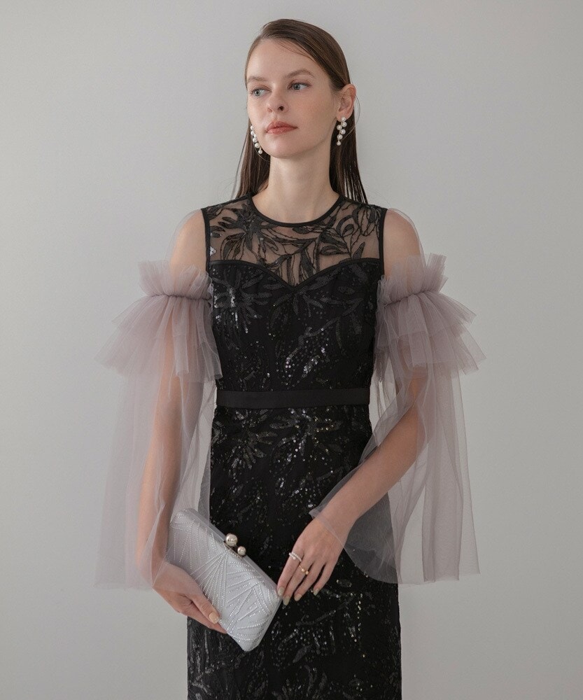 フラワーチュールフリルスリーブIラインワンピースドレス