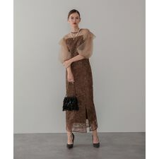 フラワースパンコールシアーフリルスリーブIラインワンピースドレス