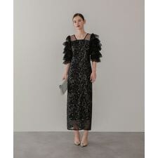 チュールフリルスリーブスパンコールIラインワンピースドレス