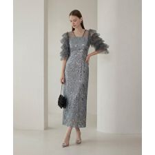 チュールフリルスリーブスパンコールIラインワンピースドレス