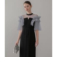 チュールフリルショルダーシアーIラインワンピースドレス