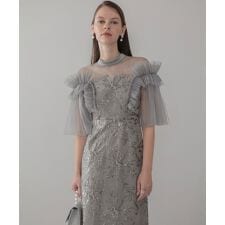 チュールフリルショルダーシアーIラインワンピースドレス