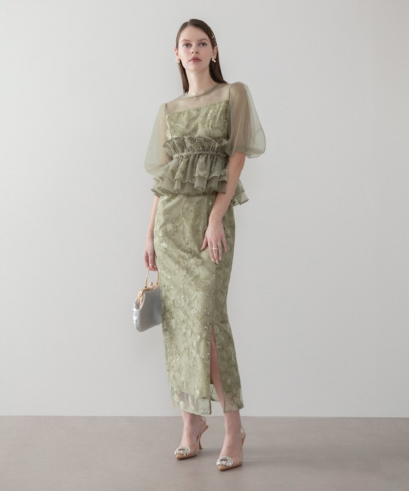 3WAYチュールラッフルフラワースパンコールIラインワンピースドレス