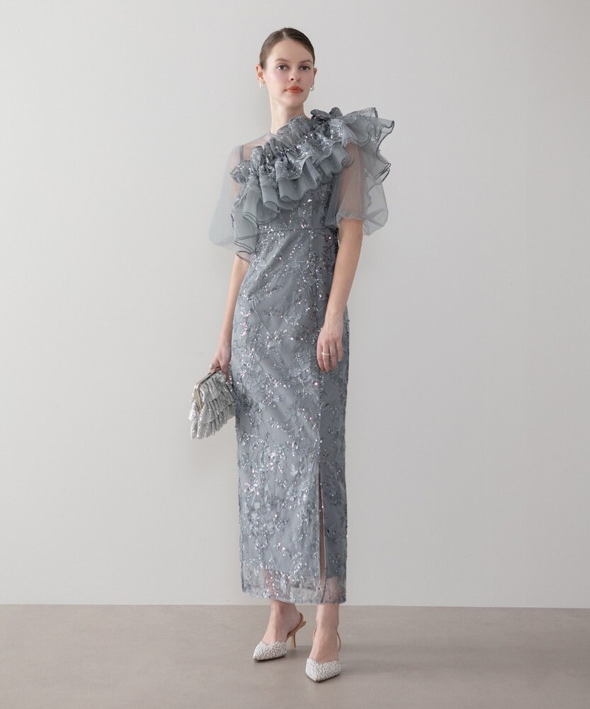 3WAYチュールラッフルフラワースパンコールIラインワンピースドレス