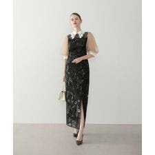 レースカラーリーフスパンコールパフスリーブIラインワンピースドレス