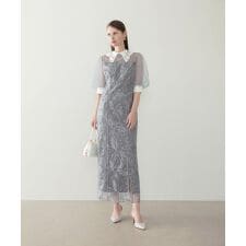 レースカラーリーフスパンコールパフスリーブIラインワンピースドレス