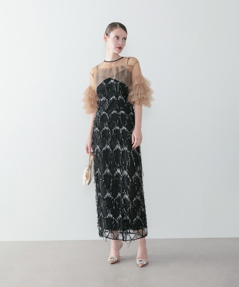 フリルチュールボレロフリンジスパンコールIラインワンピースドレス