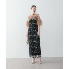 フリルチュールボレロフリンジスパンコールIラインワンピースドレス