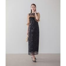 チュールギャザーフラワースパンコールIラインワンピースドレス