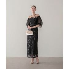 リーフスパンコールチュールパフスリーブIラインワンピースドレス