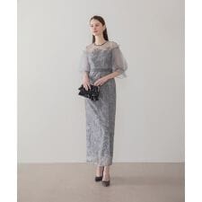 リーフスパンコールチュールパフスリーブIラインワンピースドレス